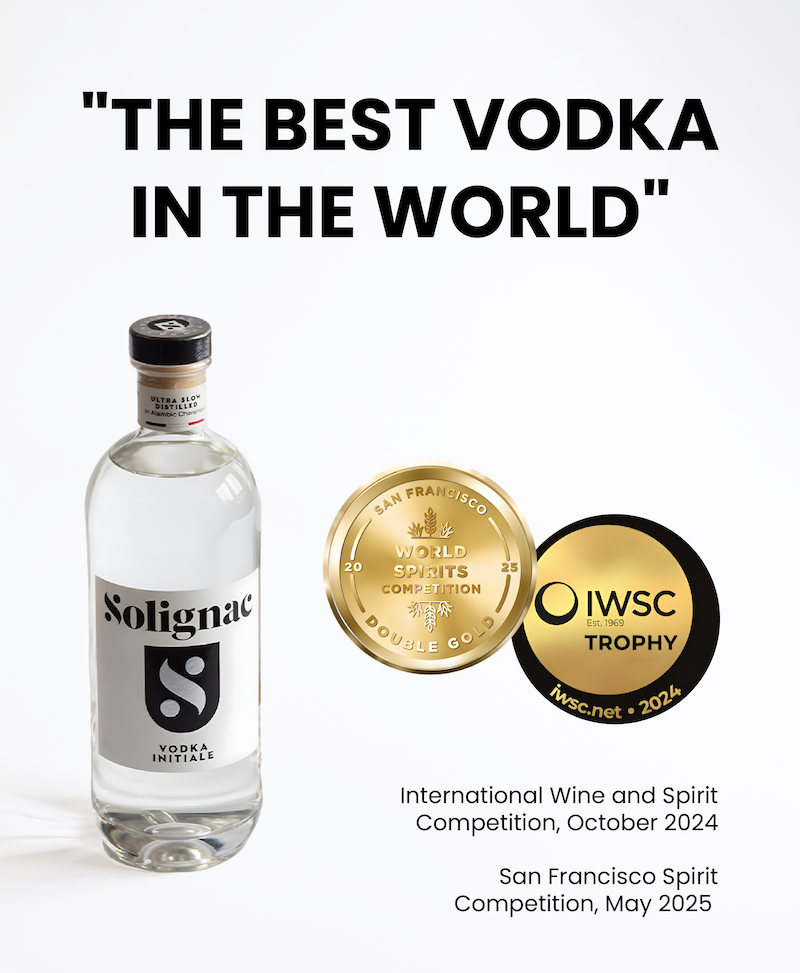 maison solignac, the best vodka in the world, Maison Solignac vodka bottle with IWSC 2024 and San Francisco Spirit Competition 2025 awards on a white background